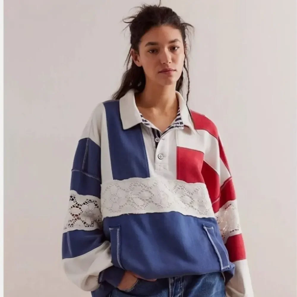 Free People We The Free American Dream Polo Pullover Top Striped